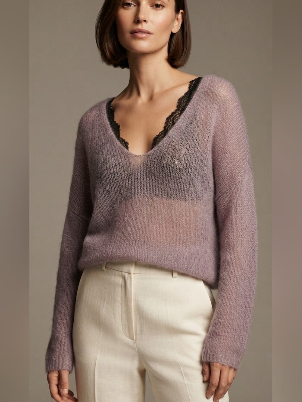 Gianni Bini Wool Blend V Neck Lightweight Lavander Open Knit Sweater Pullover L